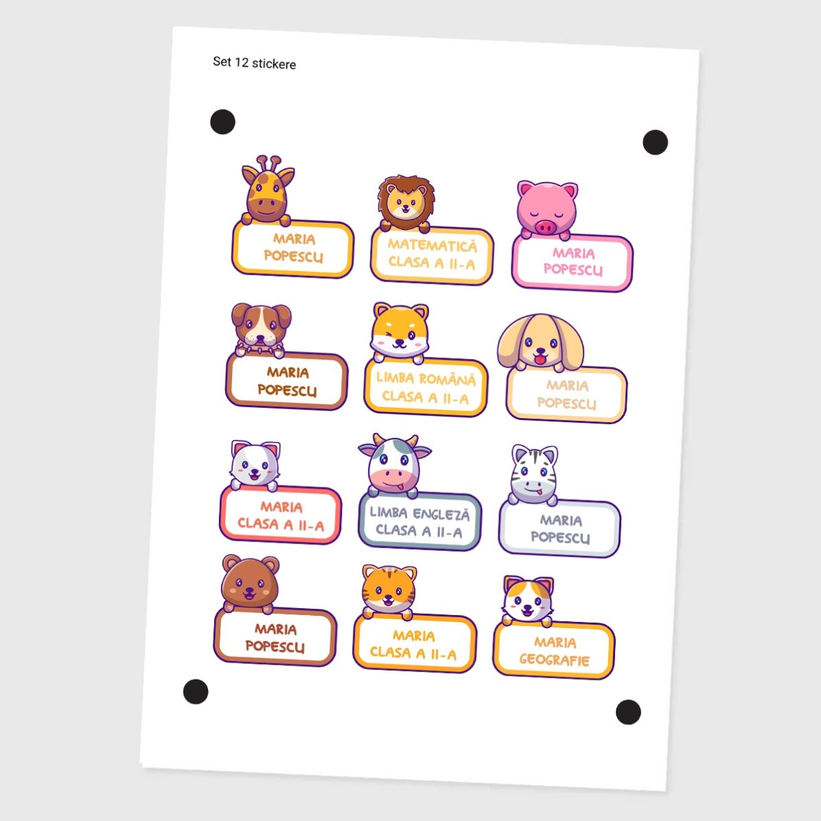 Set de 12 stickere (etichetă autoadezivă) personalizate pentru școală - Animăluțe