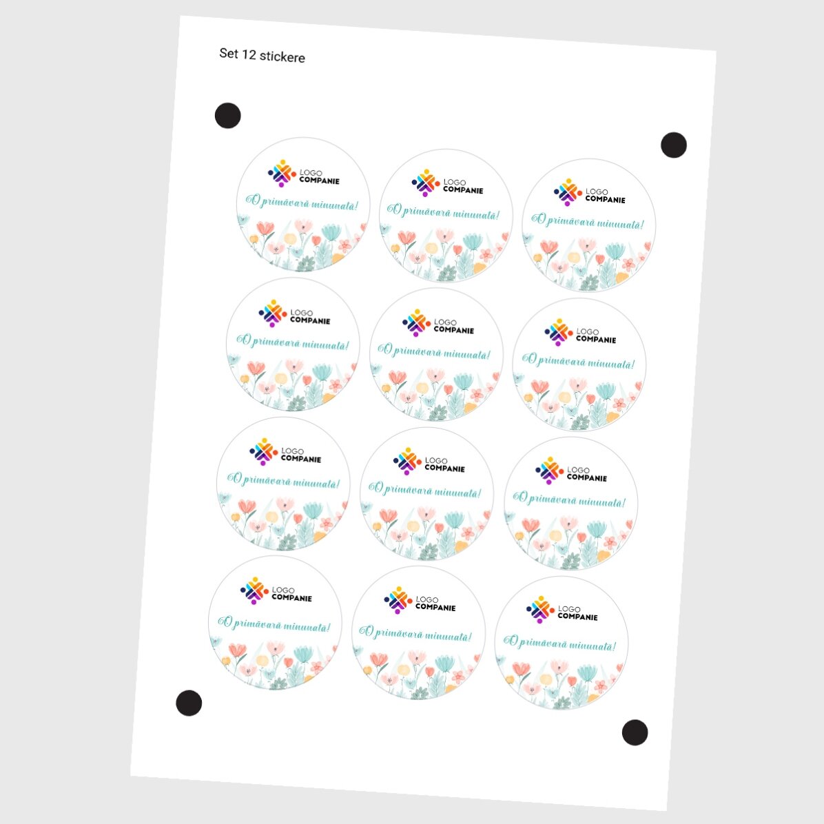 Set de 12 stickere (etichetă autoadezivă) rotunde, diametru 5cm personalizate cu logo și mesaj - Pri