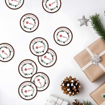 Set de 12 stickere (etichetă autoadezivă) rotunde, diametru 5cm personalizate cu logo și mesaj
