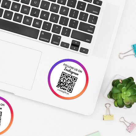 Set de 12 stickere (etichetă autoadezivă) rotunde, diametru 5cm personalizate cu text și cod QR - In