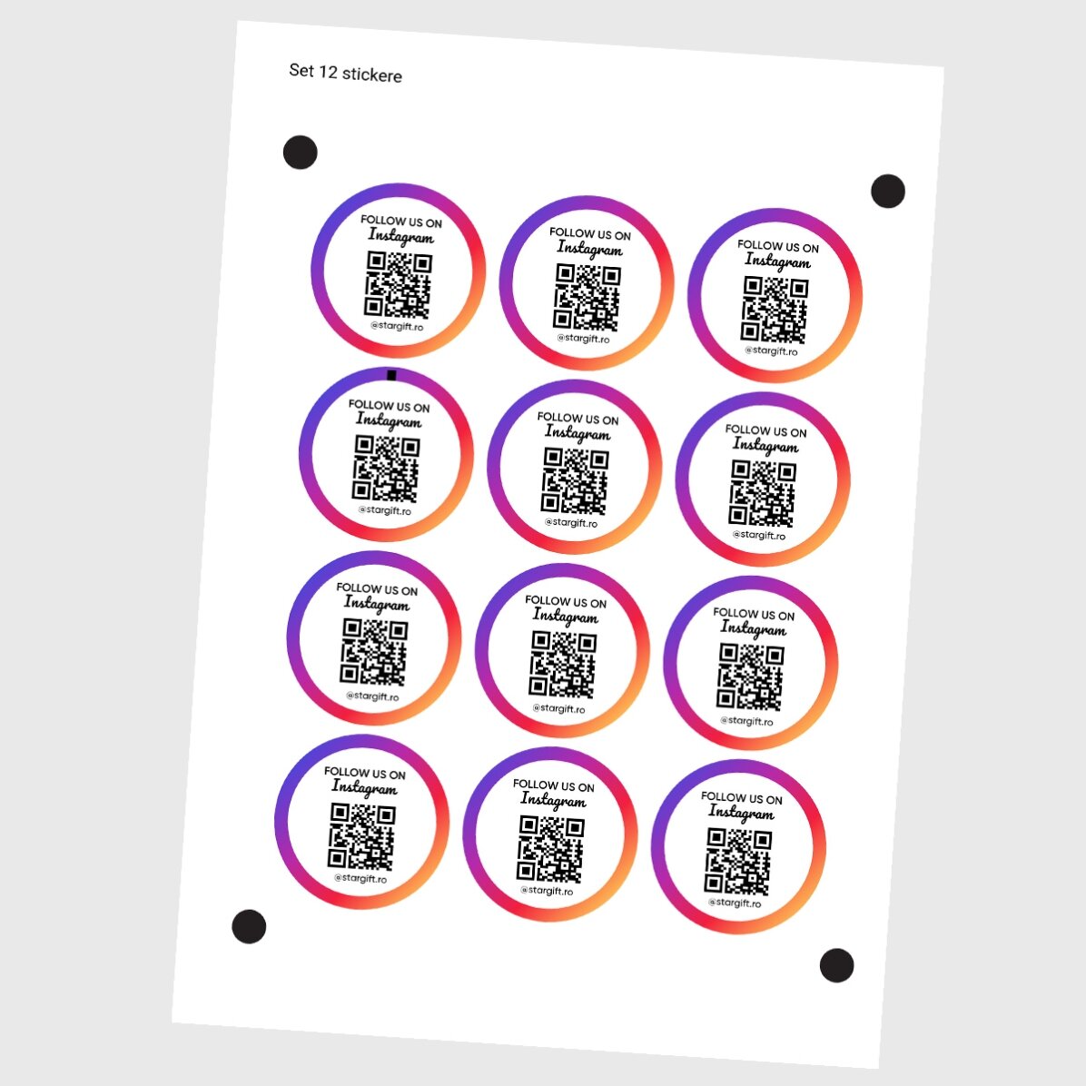 Set de 12 stickere (etichetă autoadezivă) rotunde, diametru 5cm personalizate cu text și cod QR - In