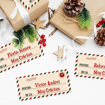 Set de 4 stickere (etichetă autoadezivă) 11x5 cm personalizate cu mesaj - de la Moș Crăciun