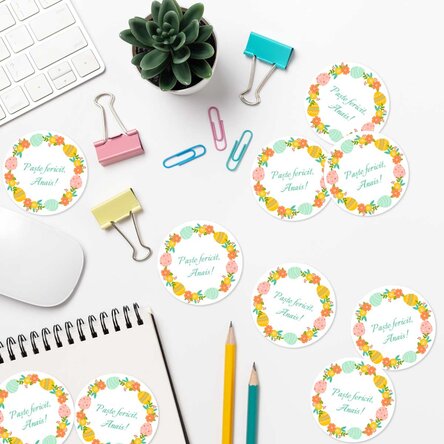 Set de 6 stickere (etichetă autoadezivă) rotunde personalizate cu text - Paște fericit!