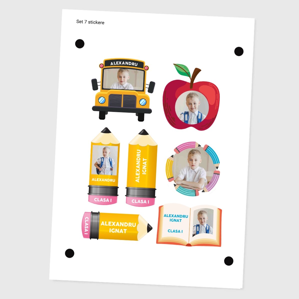 Set de 7 stickere (etichetă autoadezivă) personalizate pentru școală cu 5 poze și text
