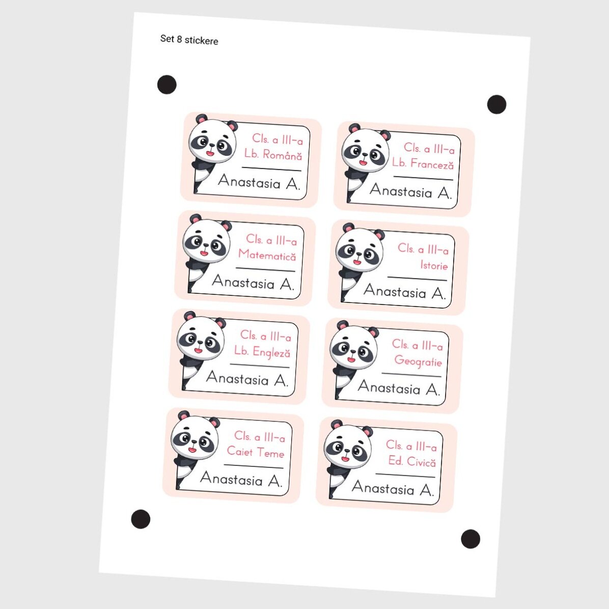 Set de 8 stickere (etichetă autoadezivă) personalizate pentru școală - Panda