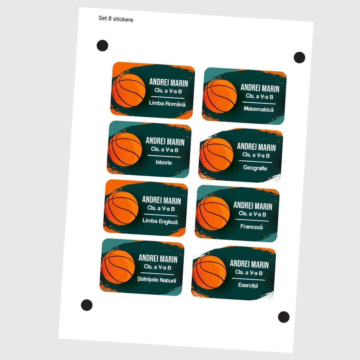 Set de 8 stickere (etichetă autoadezivă) personalizate pentru școală - Baschet