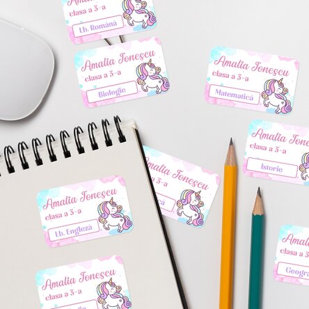 Set de 8 stickere (etichetă autoadezivă) personalizate pentru școală - Unicorn
