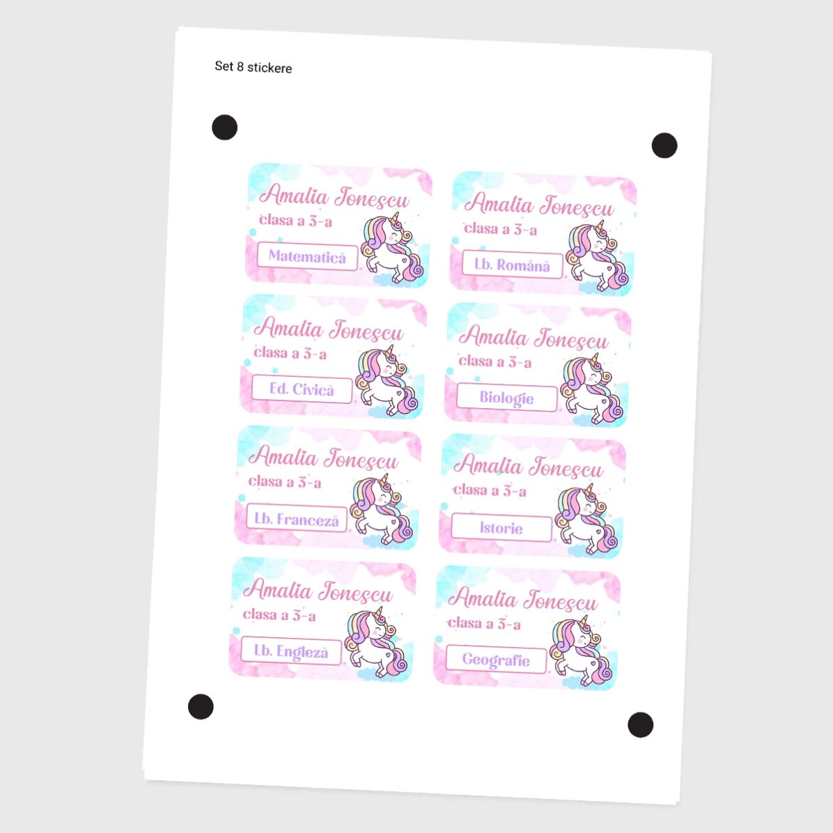 Set de 8 stickere (etichetă autoadezivă) personalizate pentru școală - Unicorn