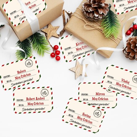 Set de 8 stickere (etichetă autoadezivă) personalizate cu text - Cu drag, Moș Crăciun