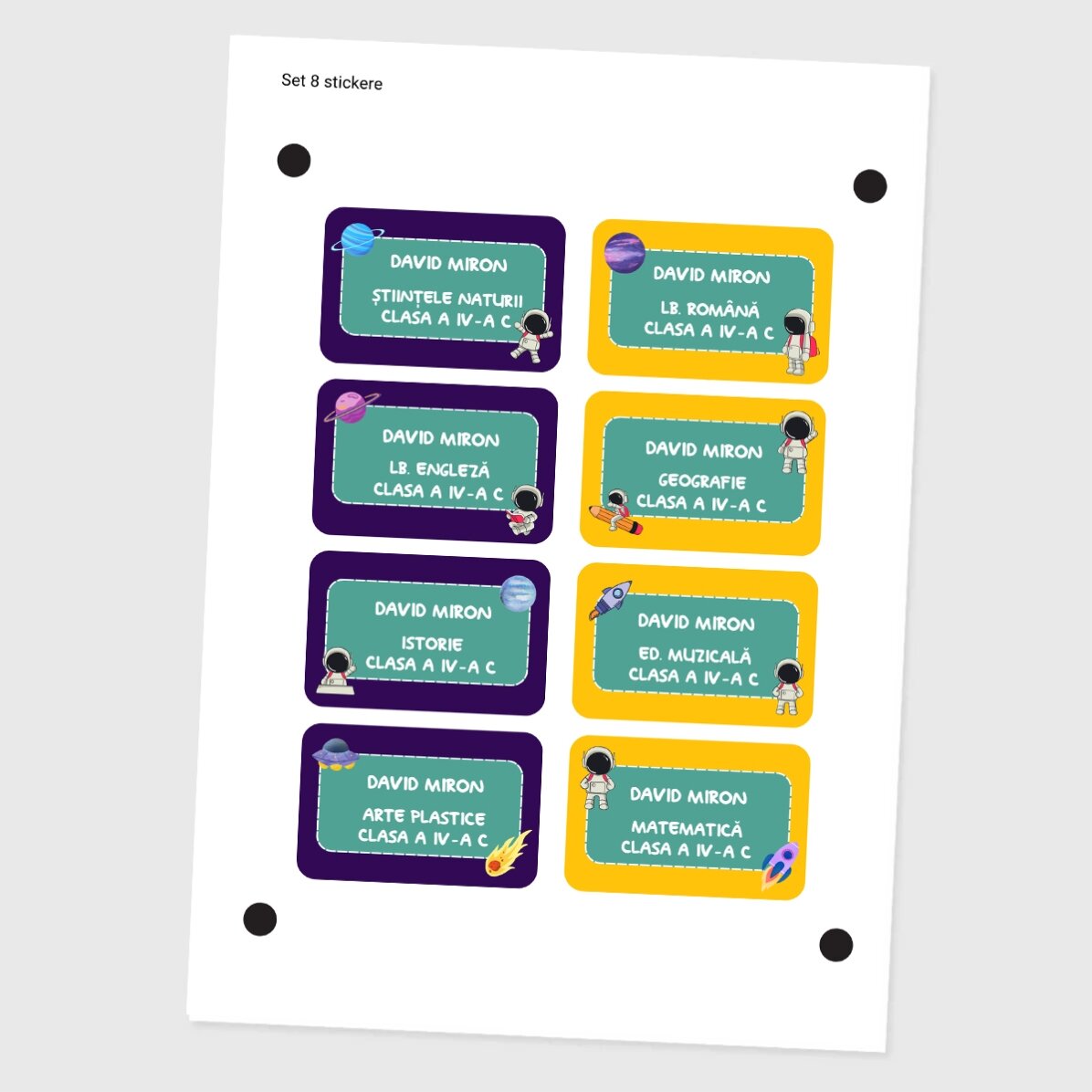 Set de 8 stickere (etichetă autoadezivă) personalizate pentru școală - Cosmos