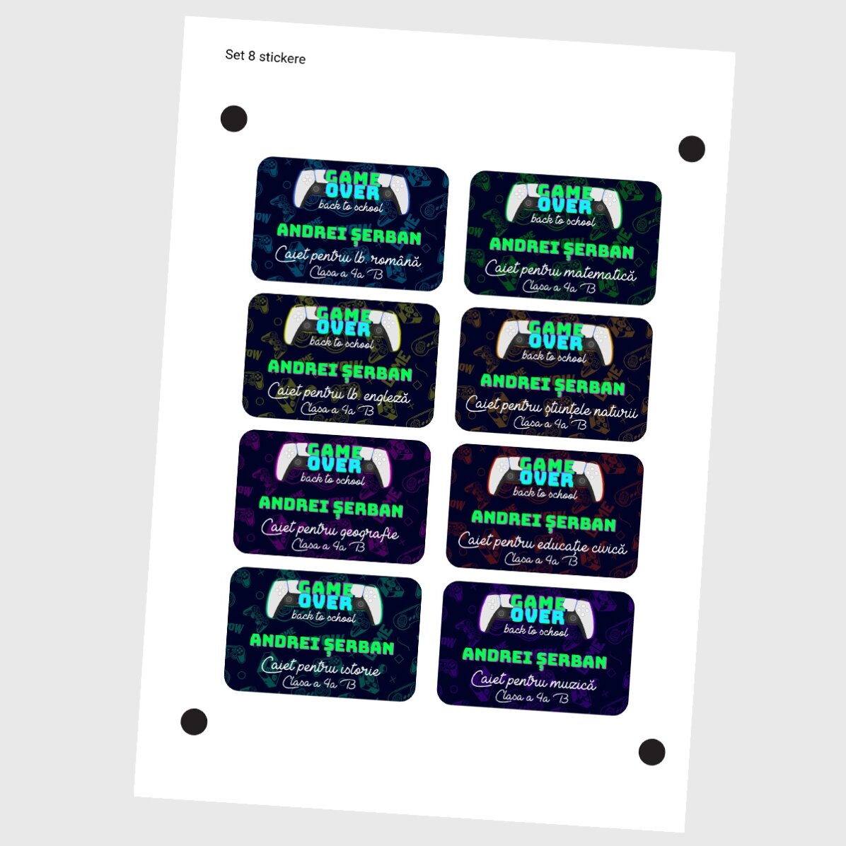 Set de 8 stickere (etichetă autoadezivă) personalizate pentru școală cu text - Game Over