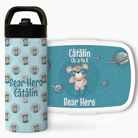 Set personalizat - Lunch box, caserolă și termos cu mâner și pai - Bear Hero