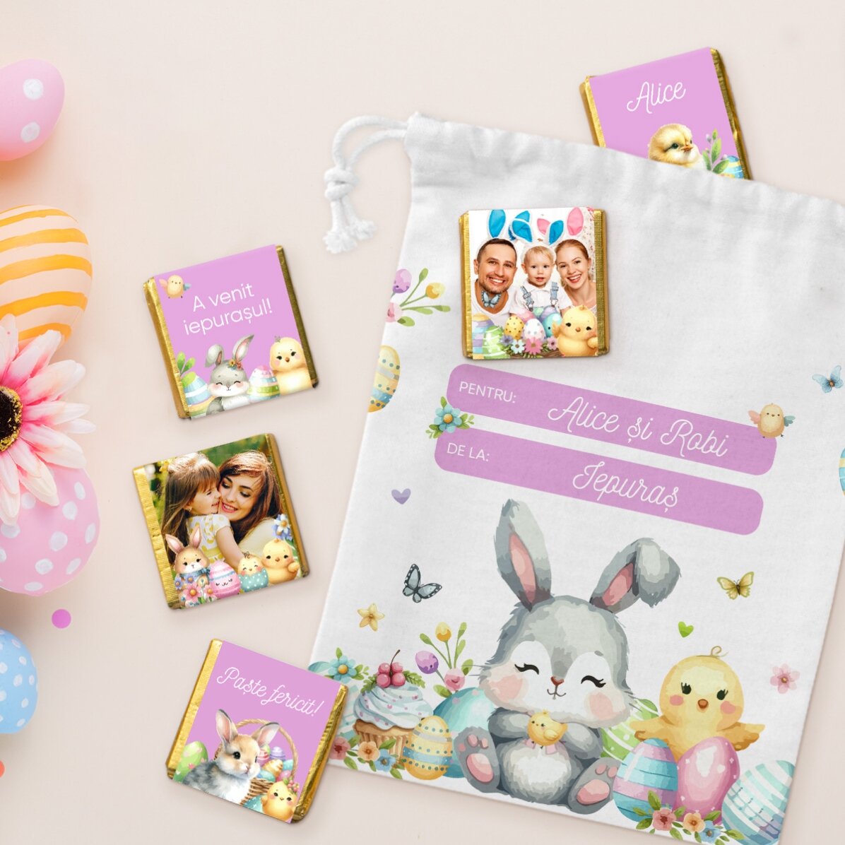 Set personalizat - săculeț și 5 mini ciocolățele - De la iepuraș