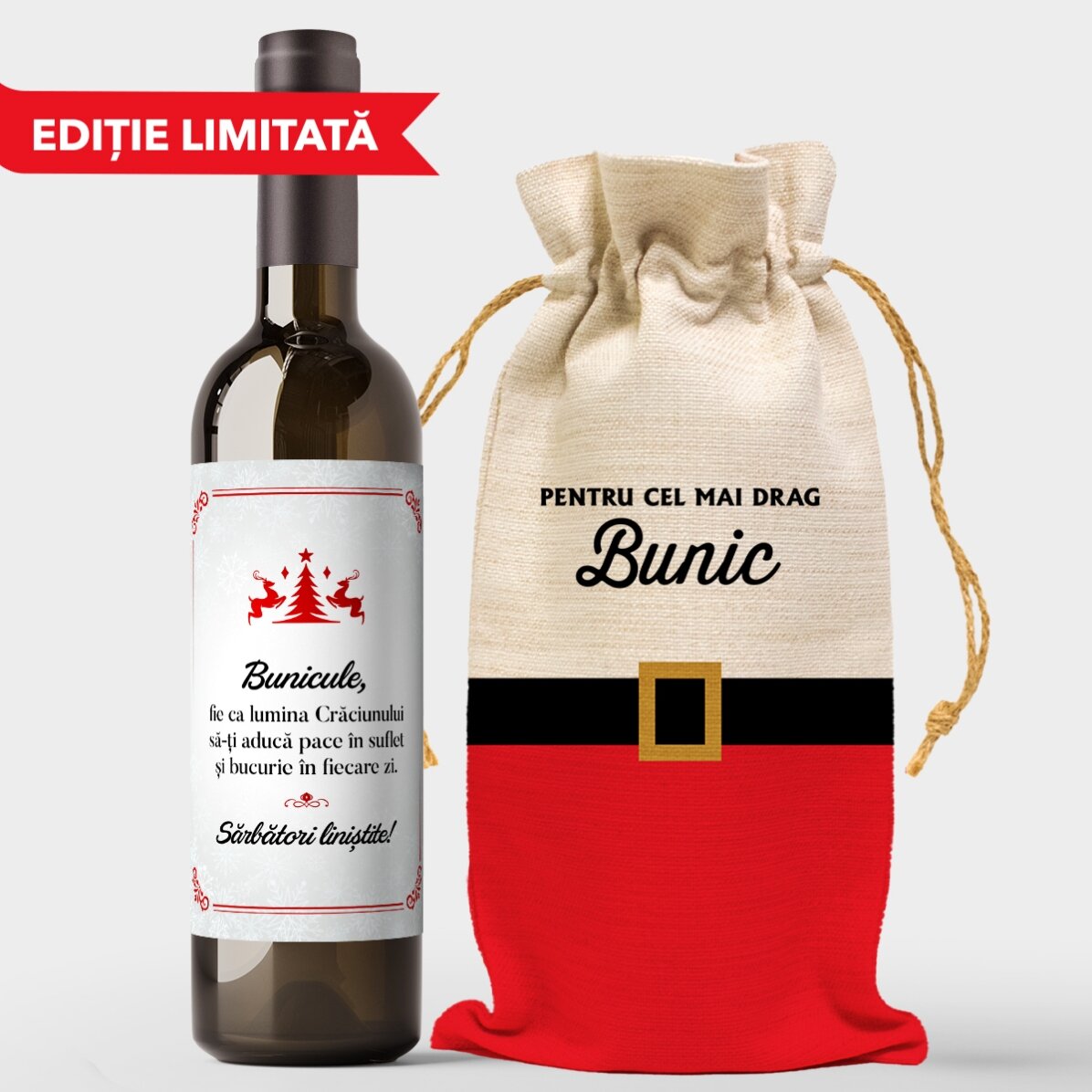 Set cadou sticlă și săculeț de vin pentru bunic