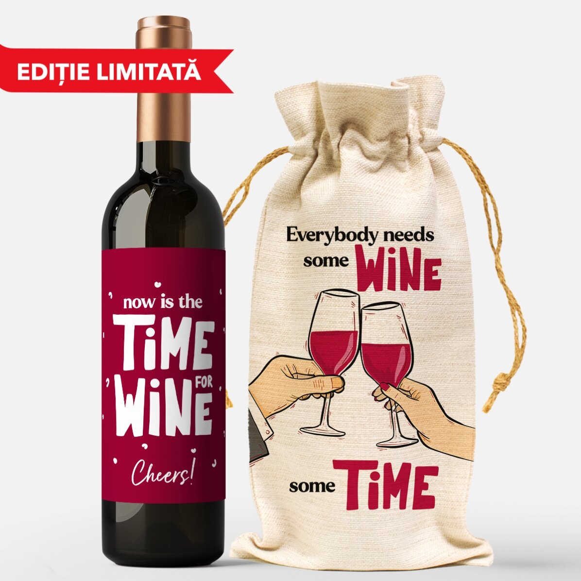 Set cadou sticlă și săculeț de vin - Wine o