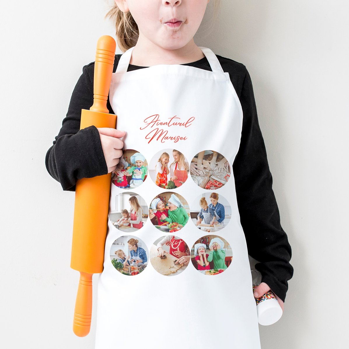Șorț personalizat pentru copii cu 9 poze și text - Aventuri în bucătărie