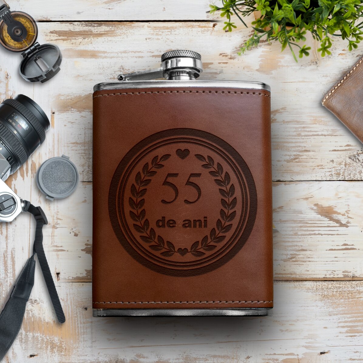 Sticlă de buzunar personalizată îmbrăcată în piele - Aniversare