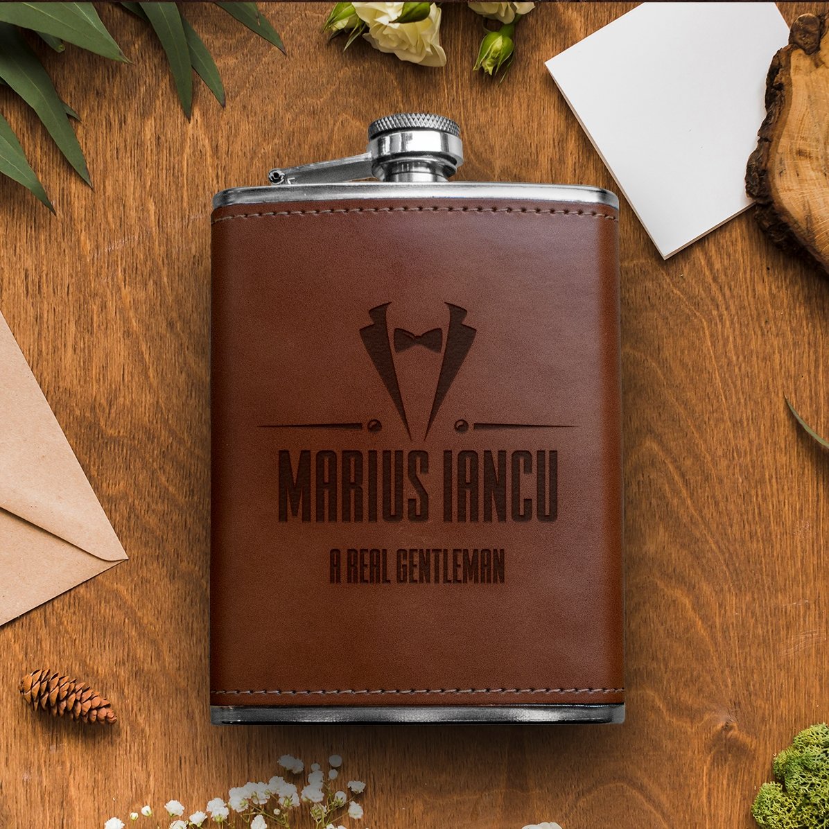 Sticlă de buzunar personalizată îmbrăcată în piele - Tuxedo