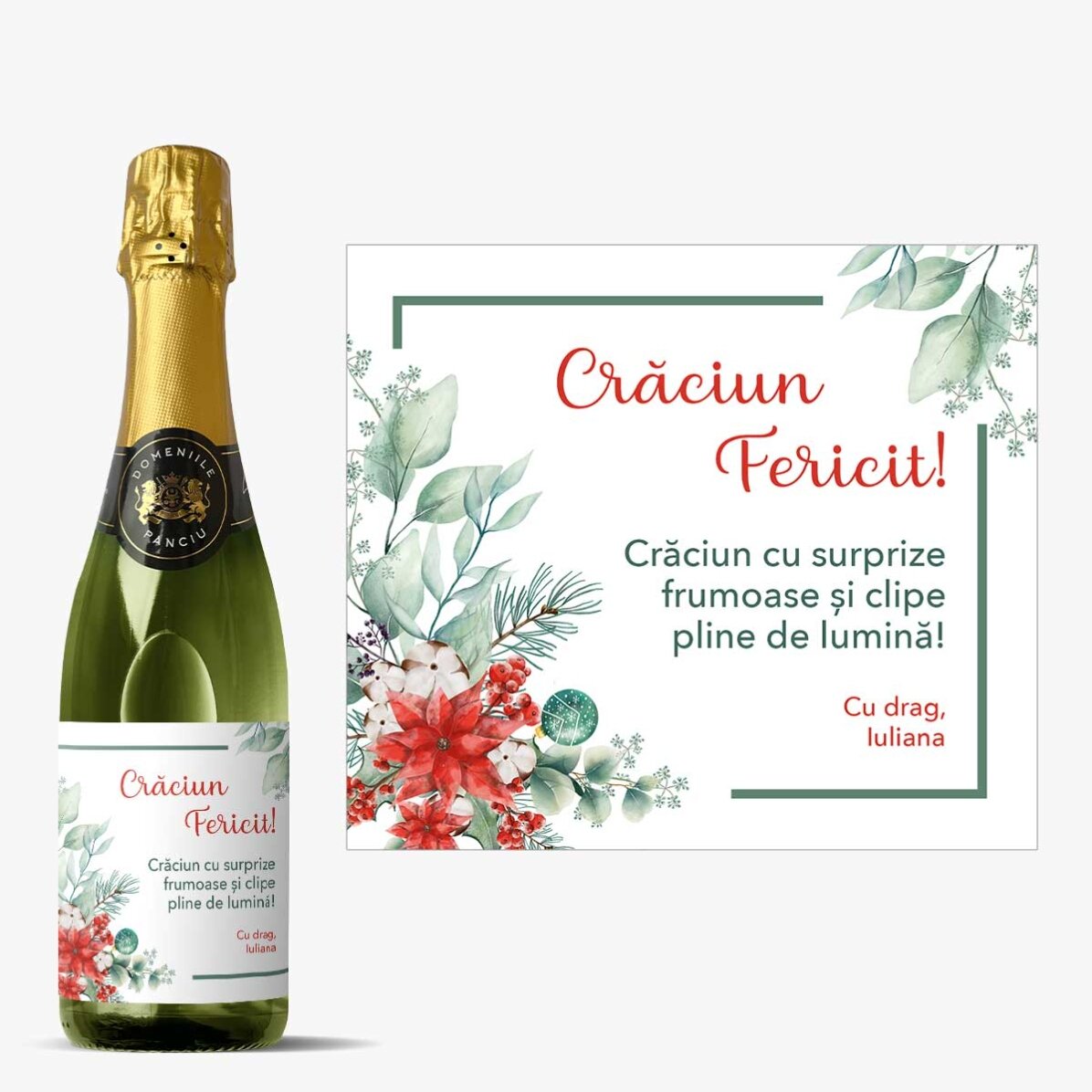 Sticlă medie de vin spumant personalizată cu text - Crăciun