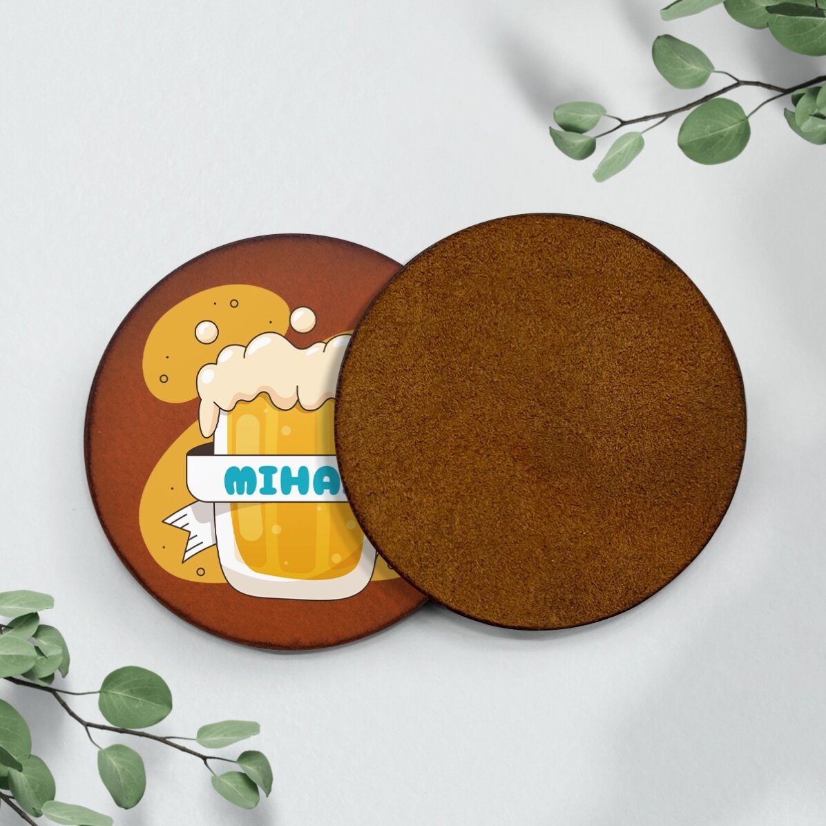 Suport pahar din piele personalizat color cu nume