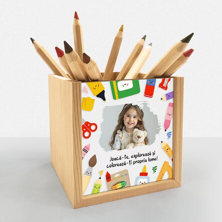 Suport pentru creioane personalizat cu poză și text - Culori