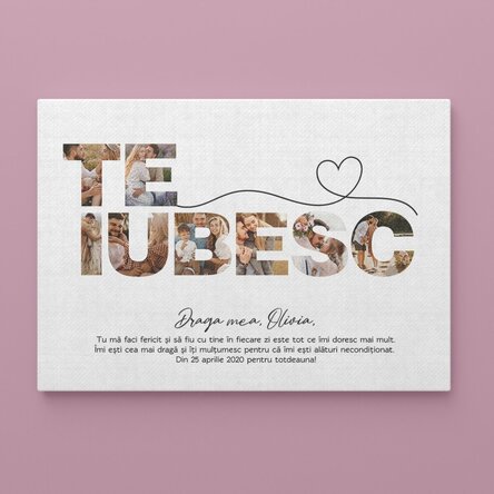 Tablou canvas landscape personalizat cu 8 poze și text - Te iubesc