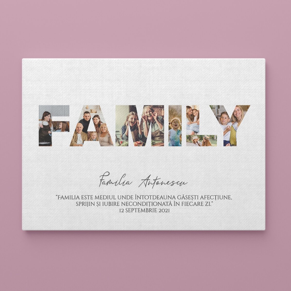Tablou landscape personalizat cu 7 poze și text - Family