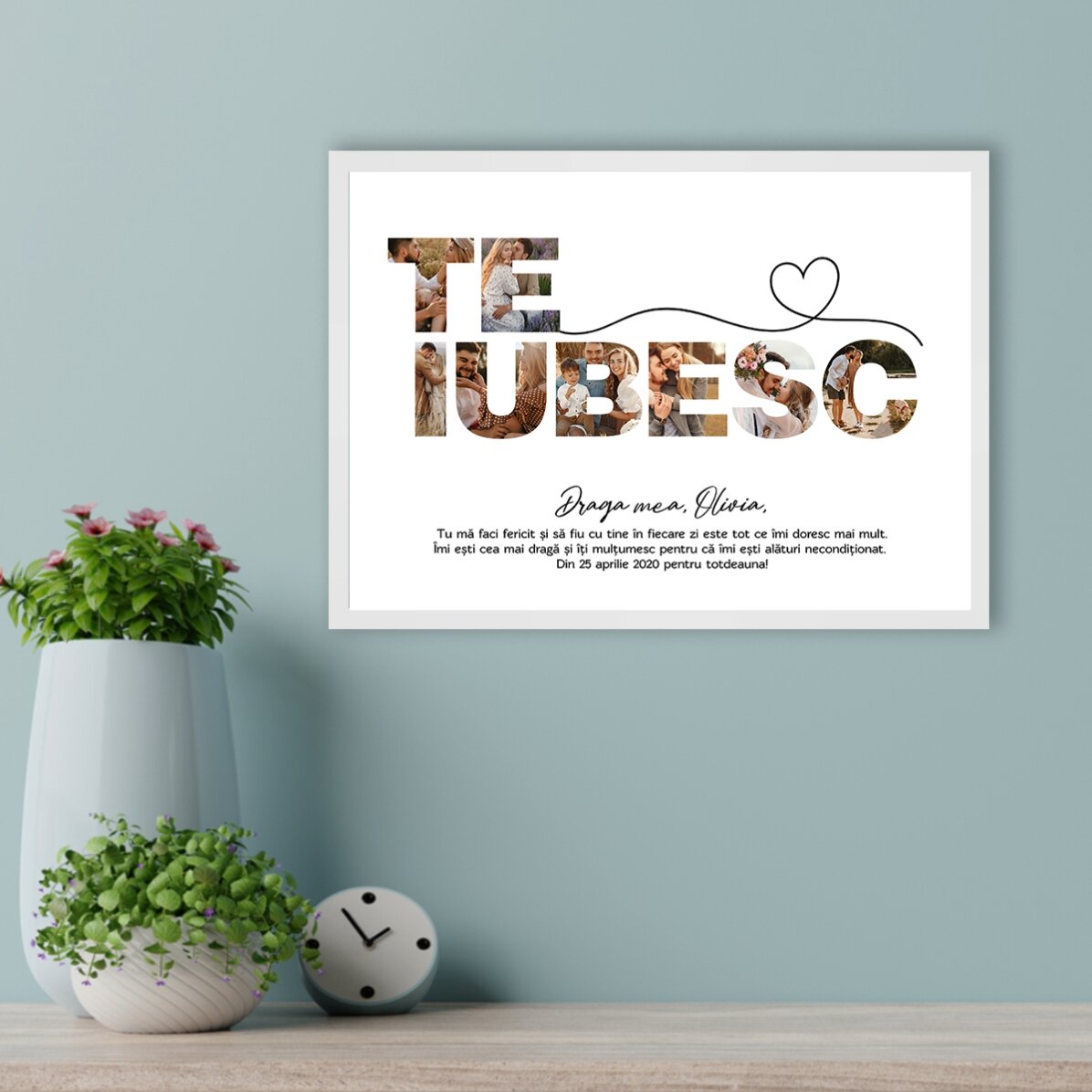 Tablou landscape personalizat cu 8 poze și text - Te iubesc