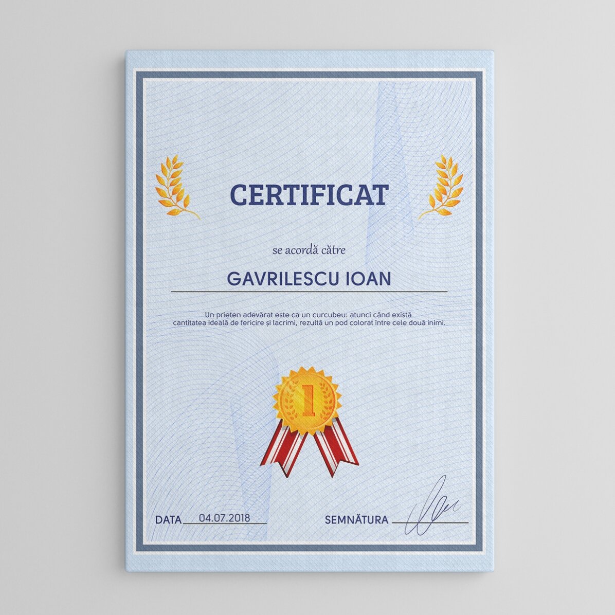 Tablou personalizat - Certificat de recunoștință
