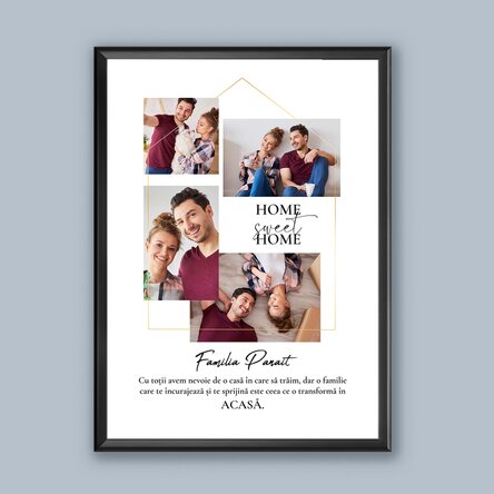 Tablou personalizat cu 4 poze și mesaj pentru familie - Casă, dulce, casă