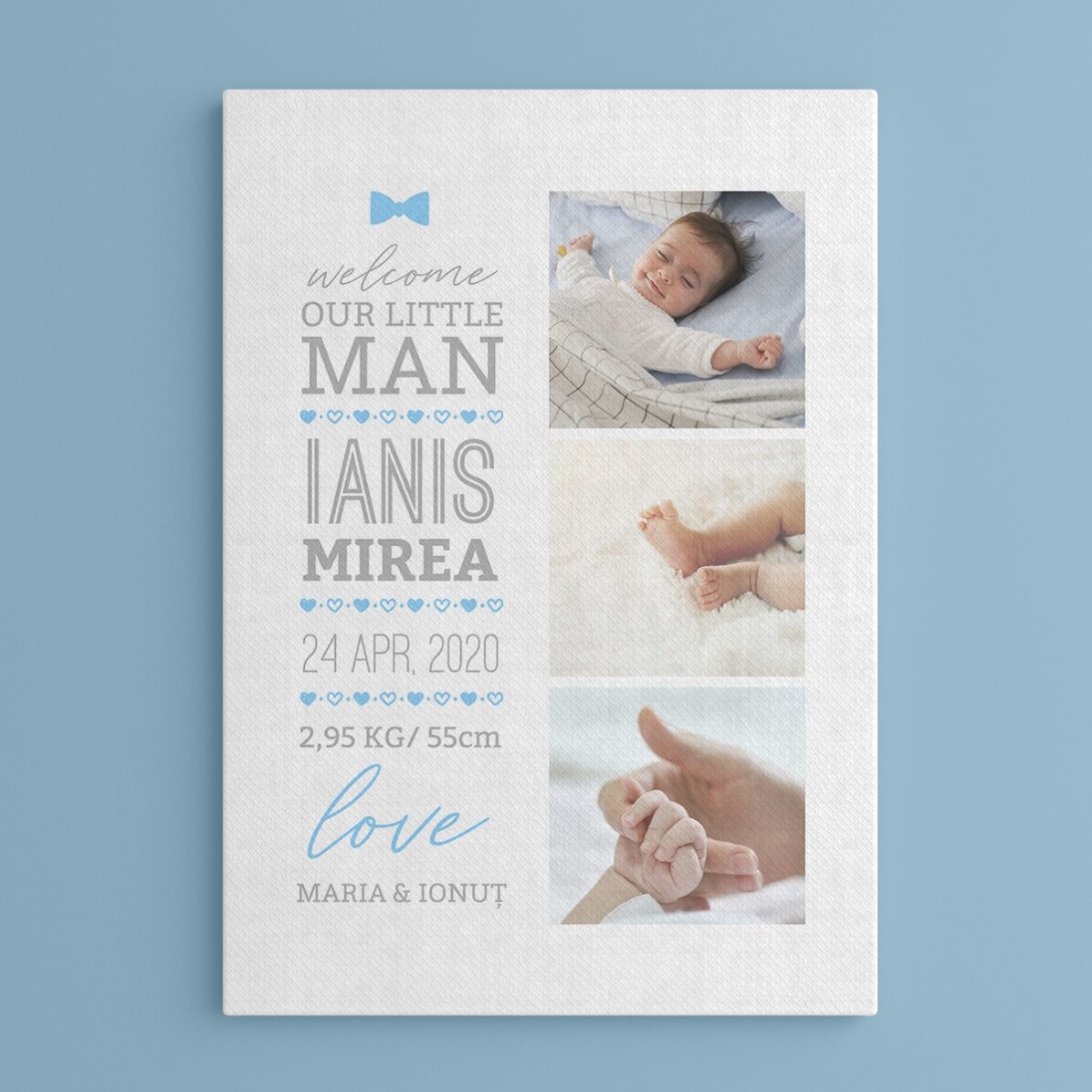 Tablou personalizat cu text și 3 poze - Hello, baby (Băiat)