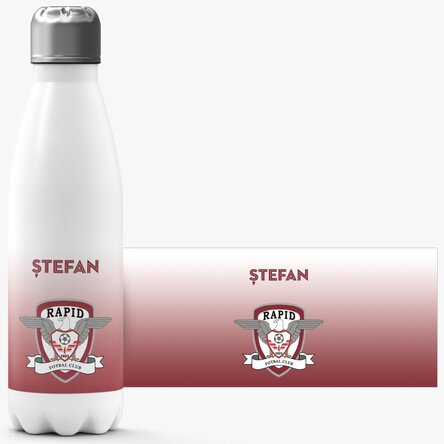 Termos cu bază albă FC Rapid personalizat cu nume și logo
