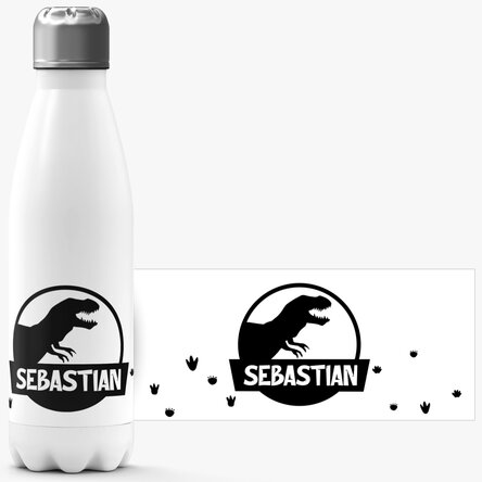 Termos cu bază albă personalizat cu nume - Dinozaur T-Rex negru