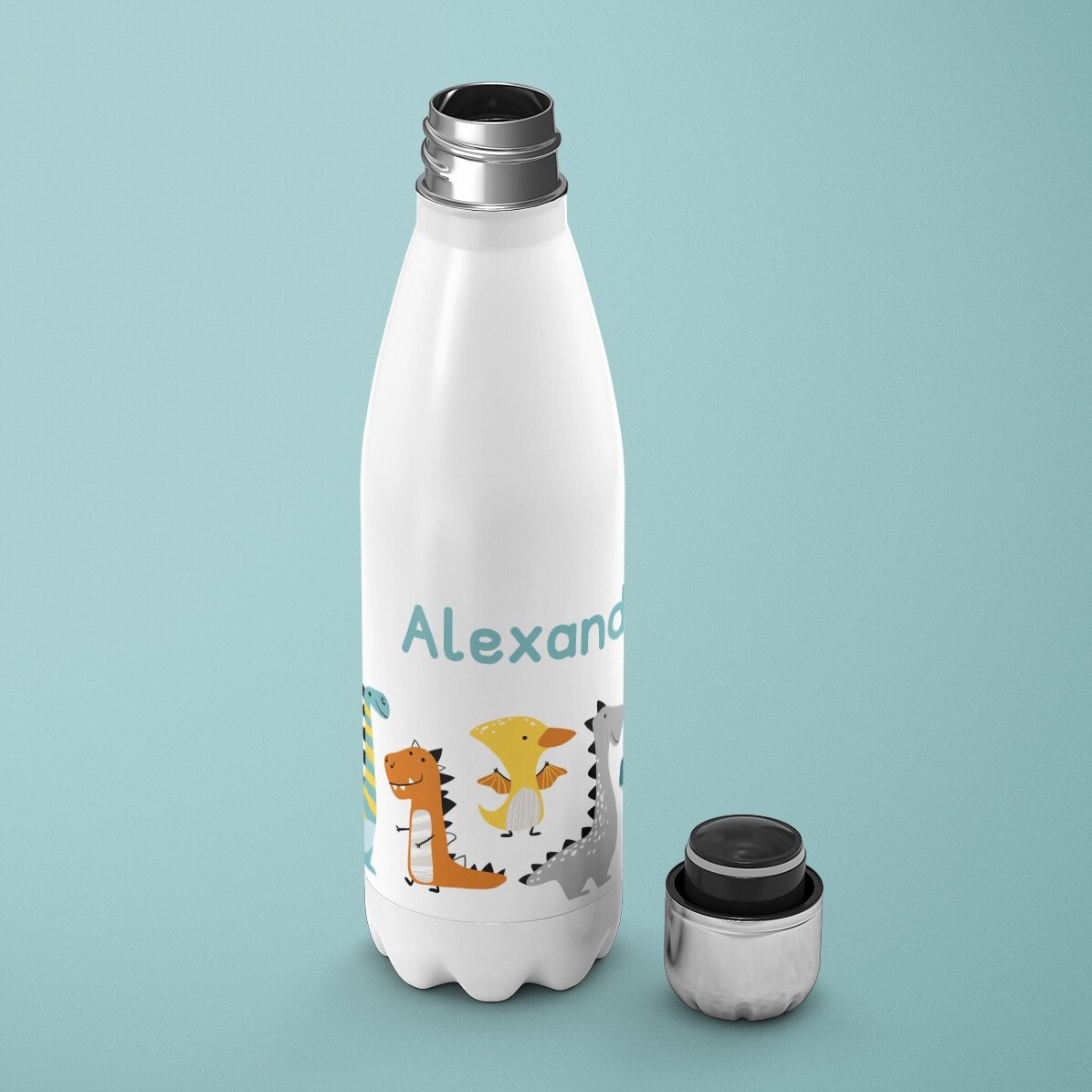 Termos cu bază albă personalizat cu nume - Dinozauri