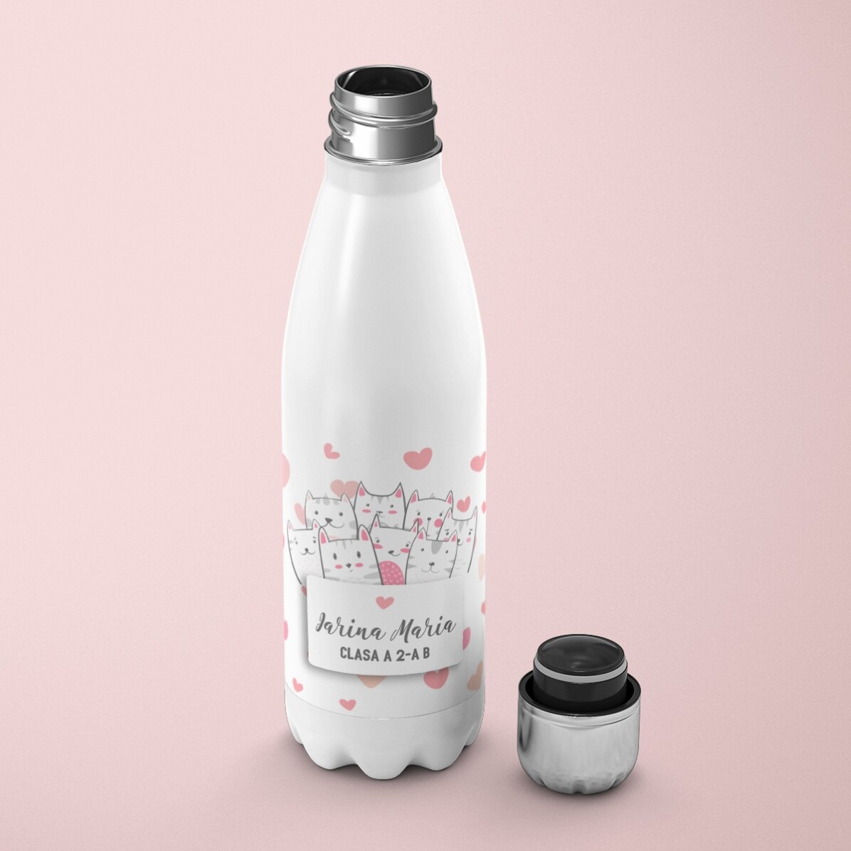 Termos cu bază albă personalizat cu nume - Kitty