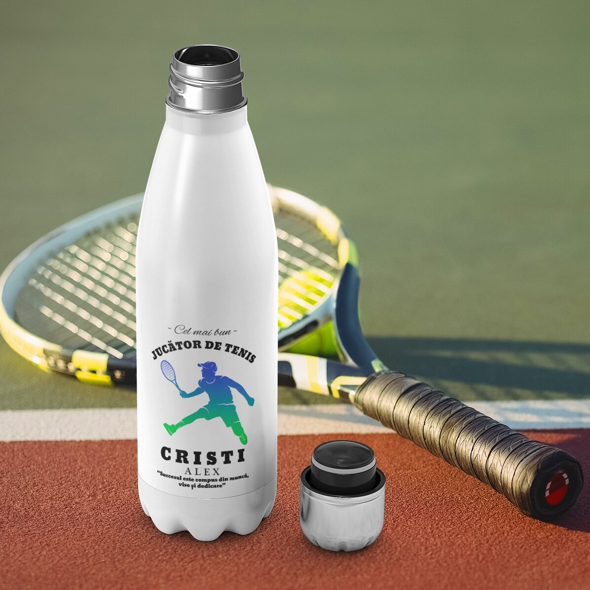 Termos cu bază albă personalizat cu nume și text - Jucător de tenis