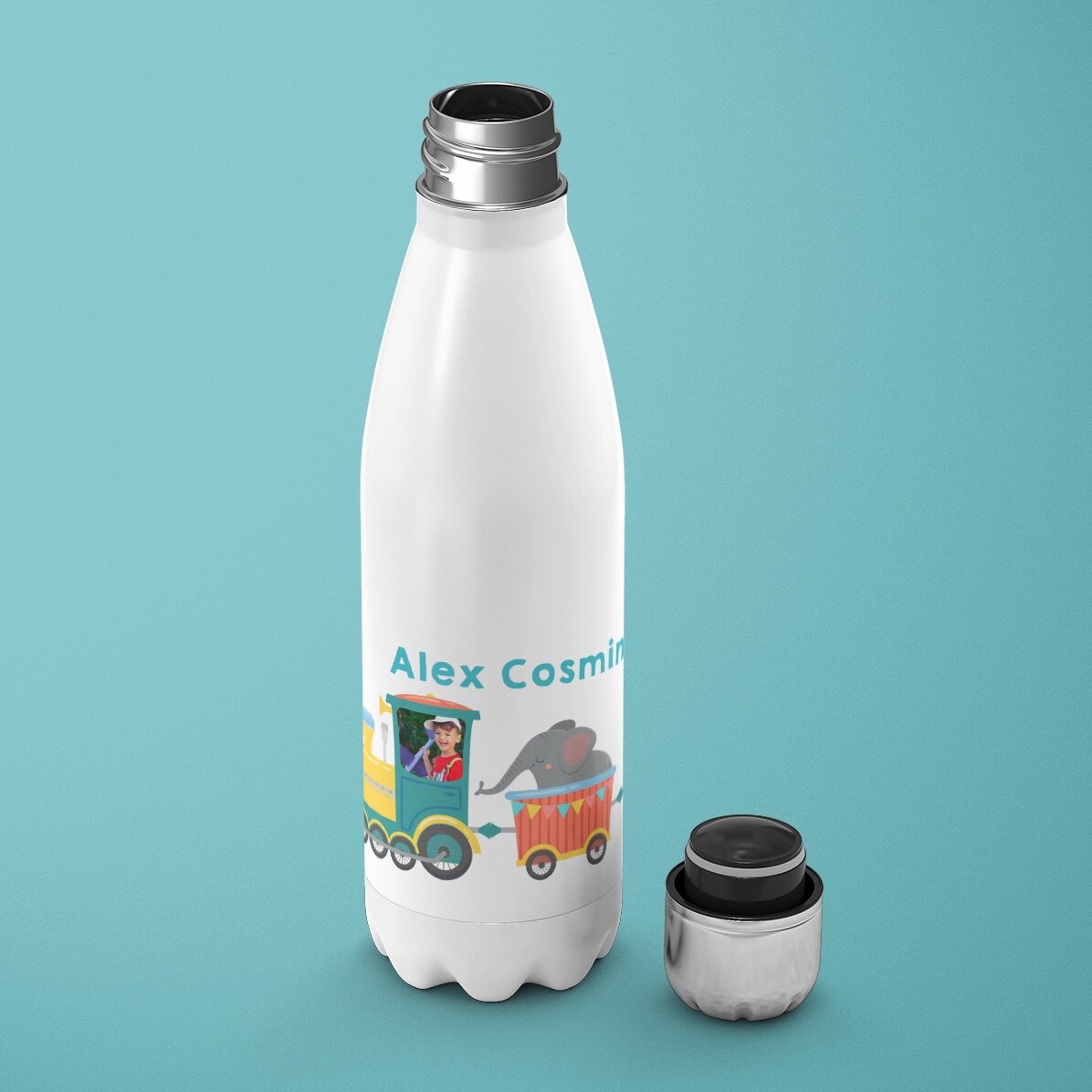 Termos cu bază albă personalizat cu nume - Trenuleț