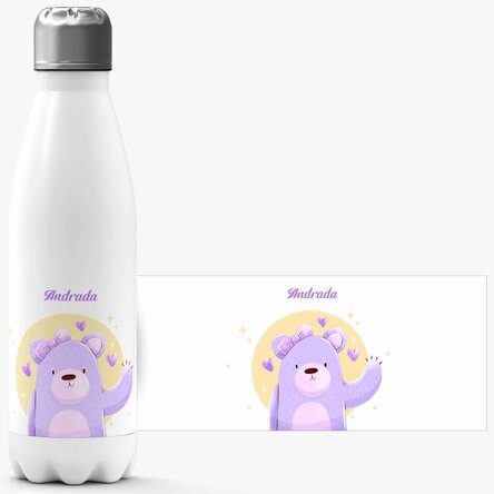 Termos cu bază albă personalizat cu nume - Ursuleț 