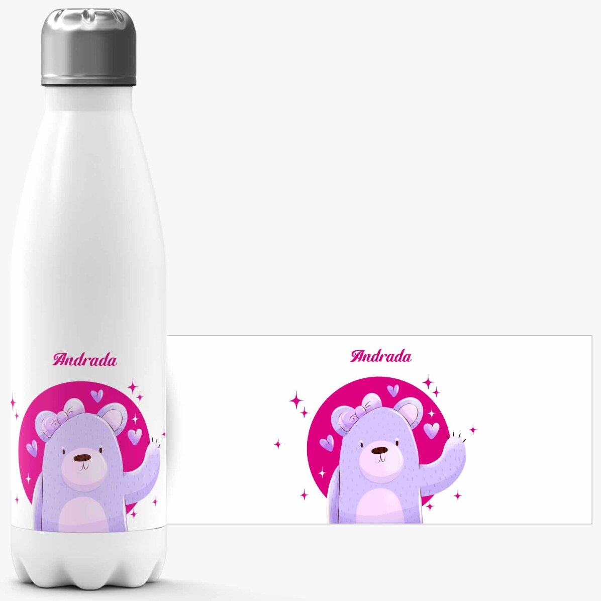 Termos cu bază albă personalizat cu nume - Ursuleț 