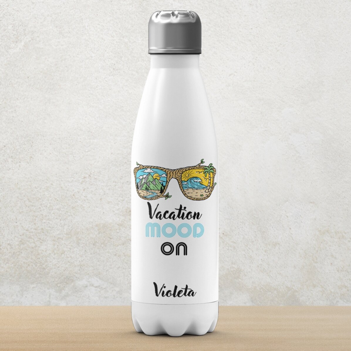Termos cu bază albă personalizat cu nume - Vacation mood ON