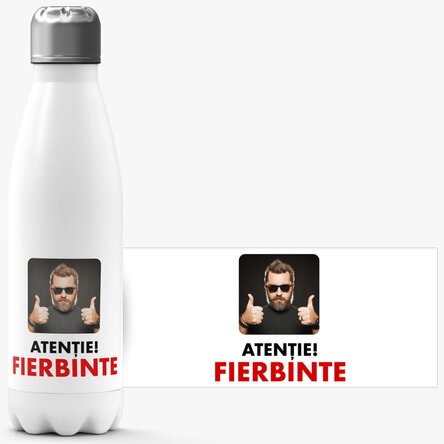 Termos cu bază albă personalizat cu o poză și text - Fierbinte