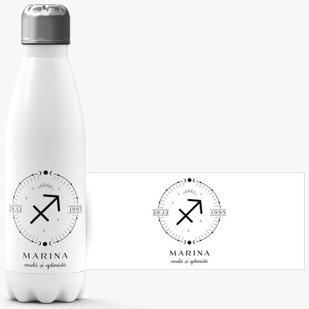 Termos cu bază albă personalizat cu text și zodia Săgetător