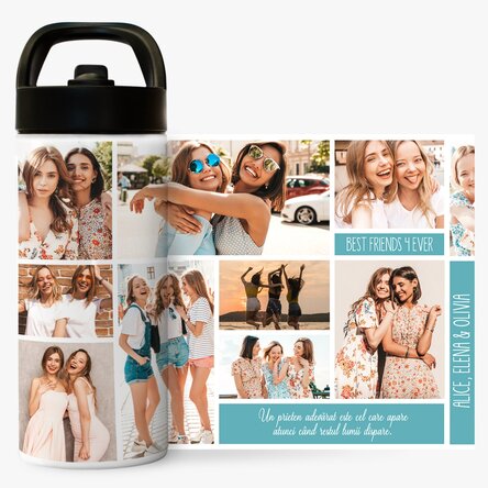 Termos cu mâner și pai personalizat cu colaj de poze și text