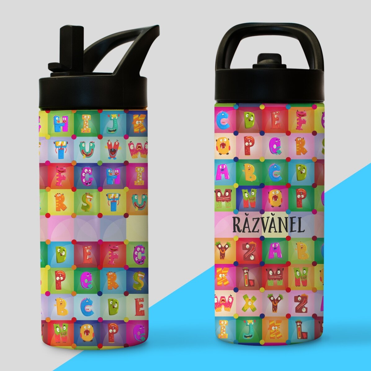 Termos cu mâner și pai personalizat cu nume - Alfabet