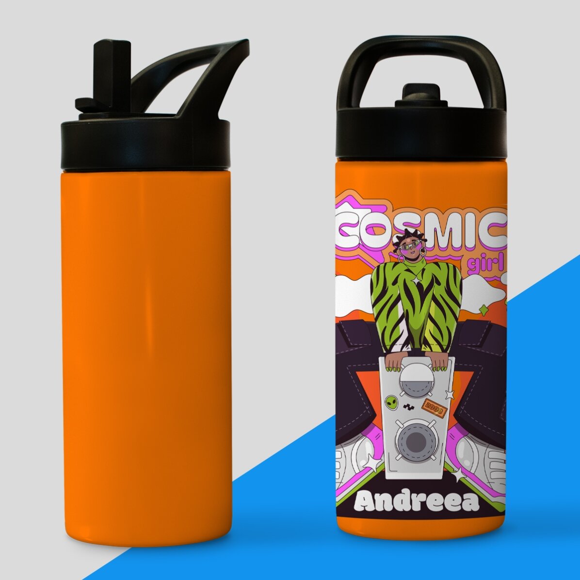 Termos cu mâner și pai personalizat cu nume - Cosmic Girl