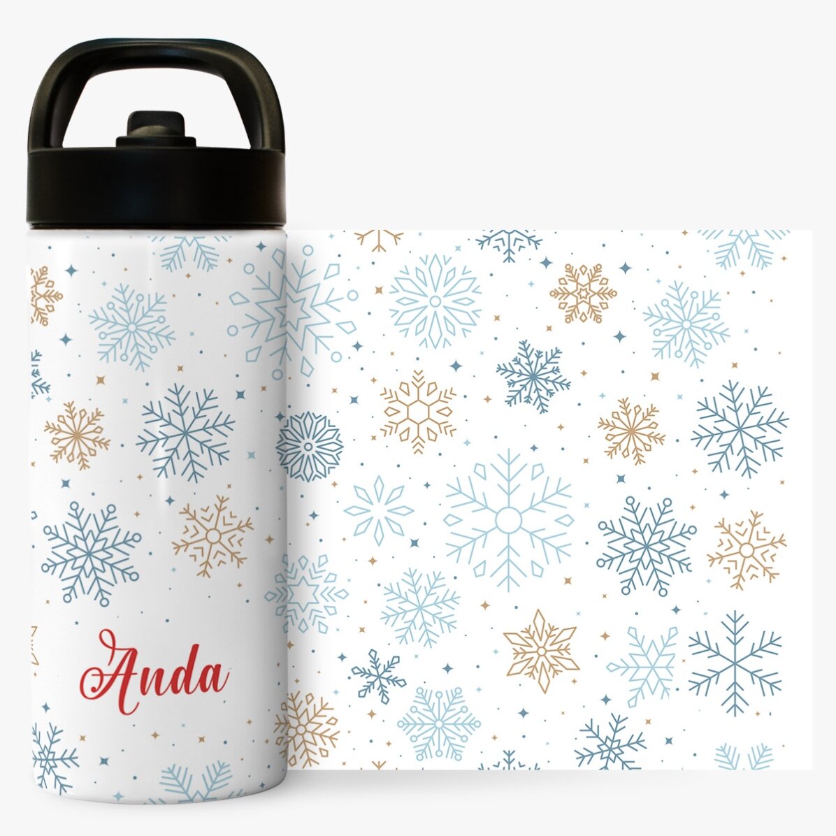 Termos cu mâner și pai personalizat cu nume -  Fulgi de nea