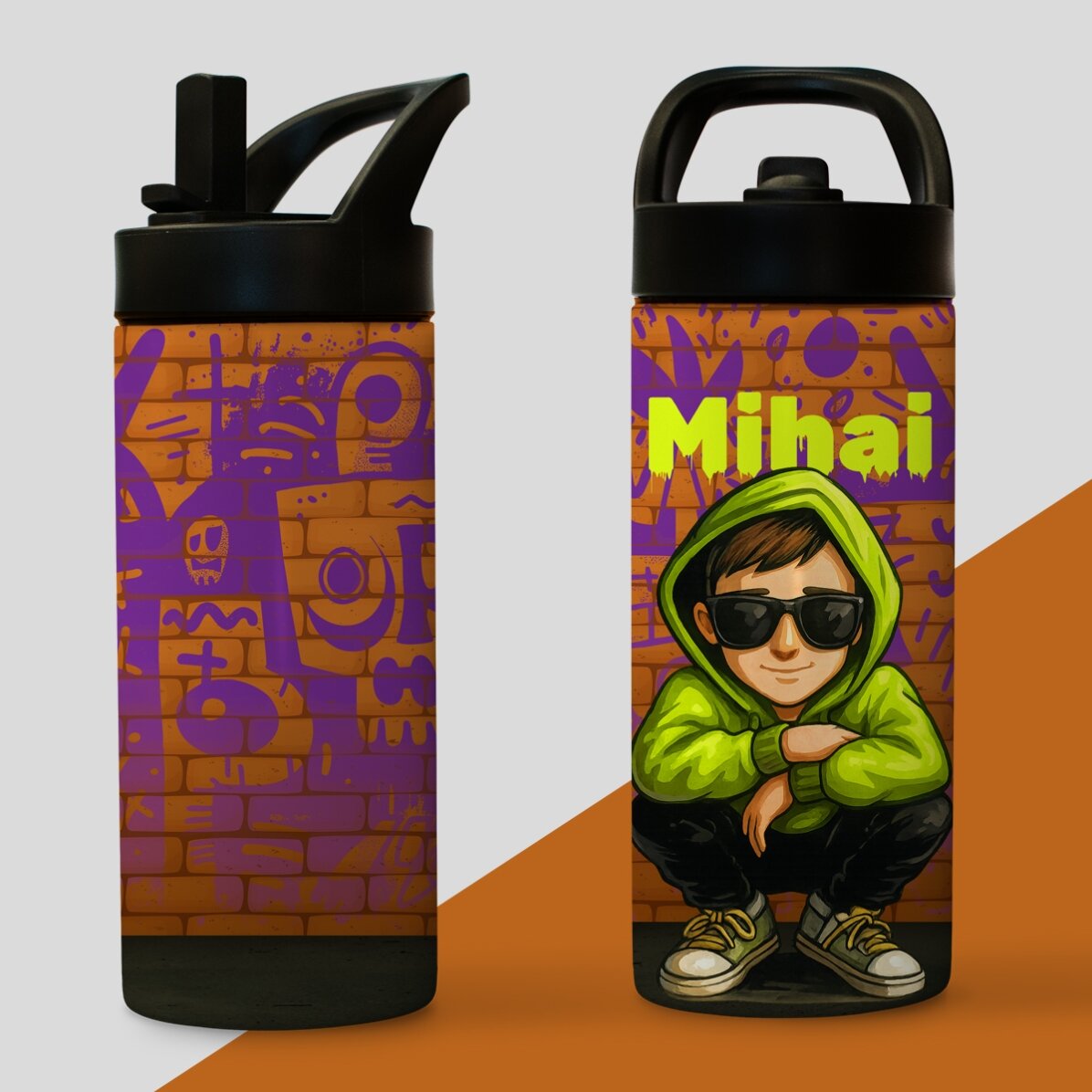 Termos cu mâner și pai personalizat cu nume - Graffiti