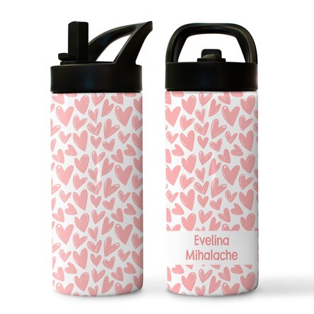 Termos cu mâner și pai personalizat cu nume - Inimioare