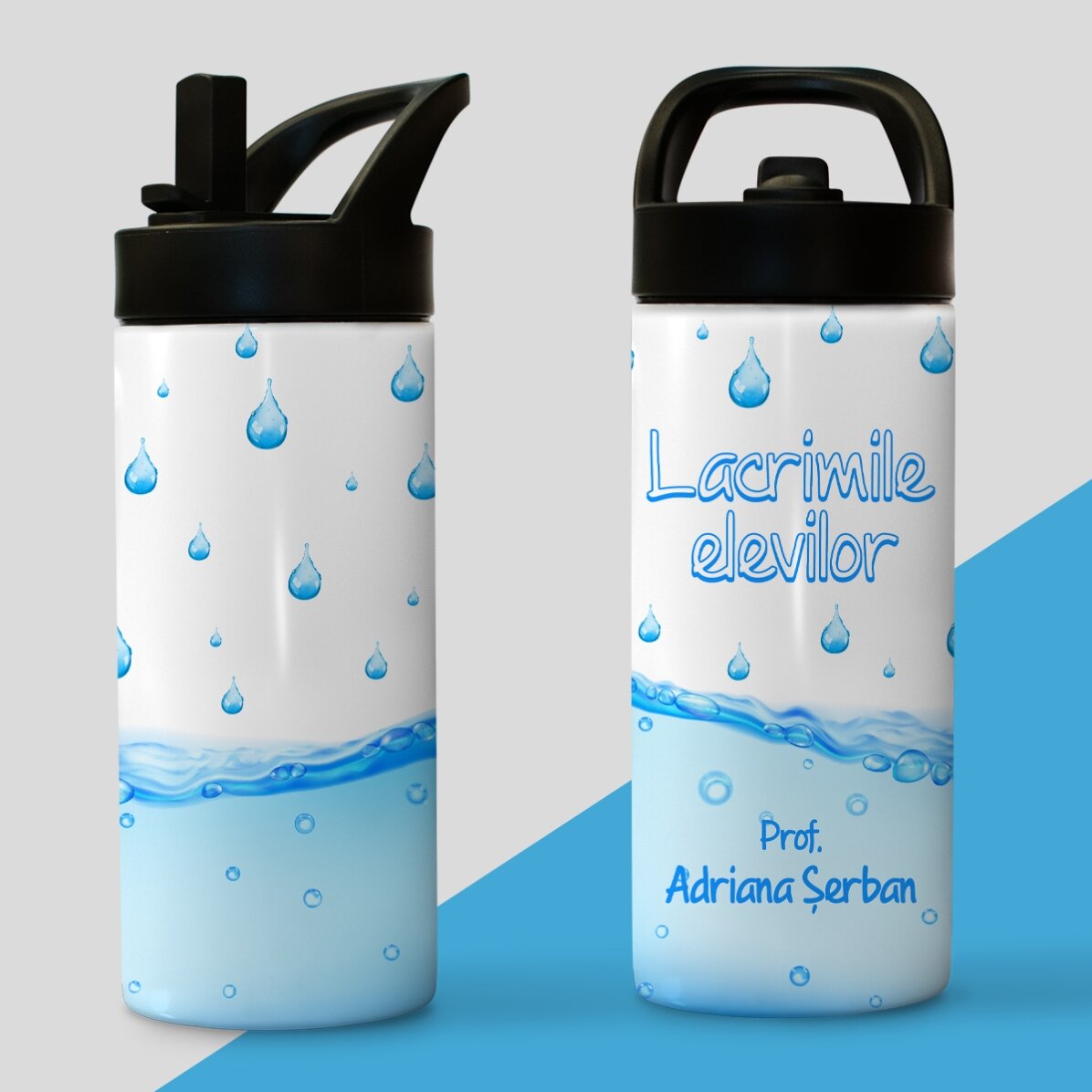 Termos cu mâner și pai personalizat cu nume - Lacrimile elevilor