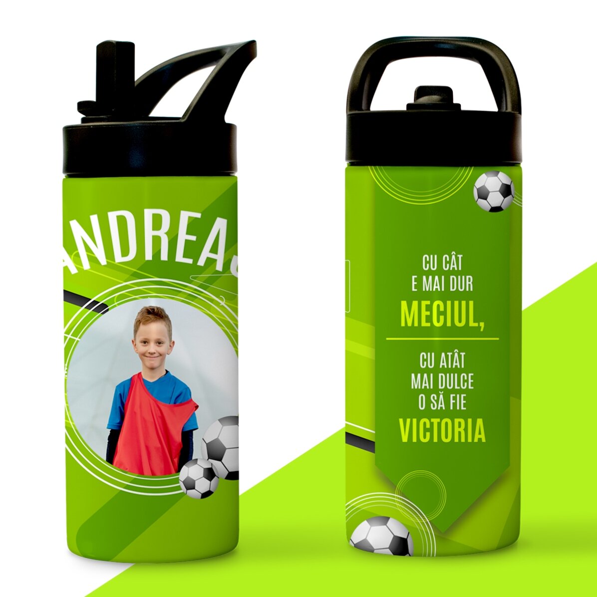 Termos cu mâner și pai personalizat cu text și poză - Micul Fotbalist